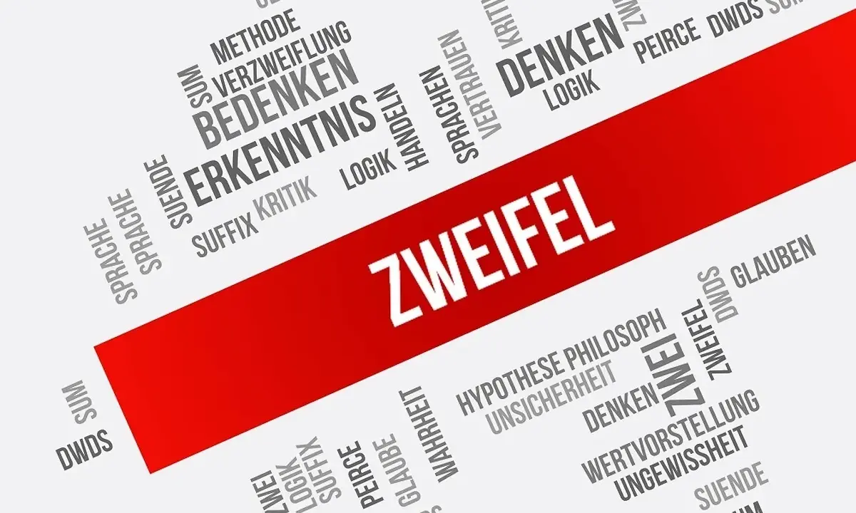Wortwolke mit "ZWEIFEL" im Zentrum. Begriffe wie "Glaube", "Denken", "Erkenntnis" und "Ungewissheit" umgeben ihn, was das agnostische Glauben und die Suche nach Wahrheit widerspiegelt.