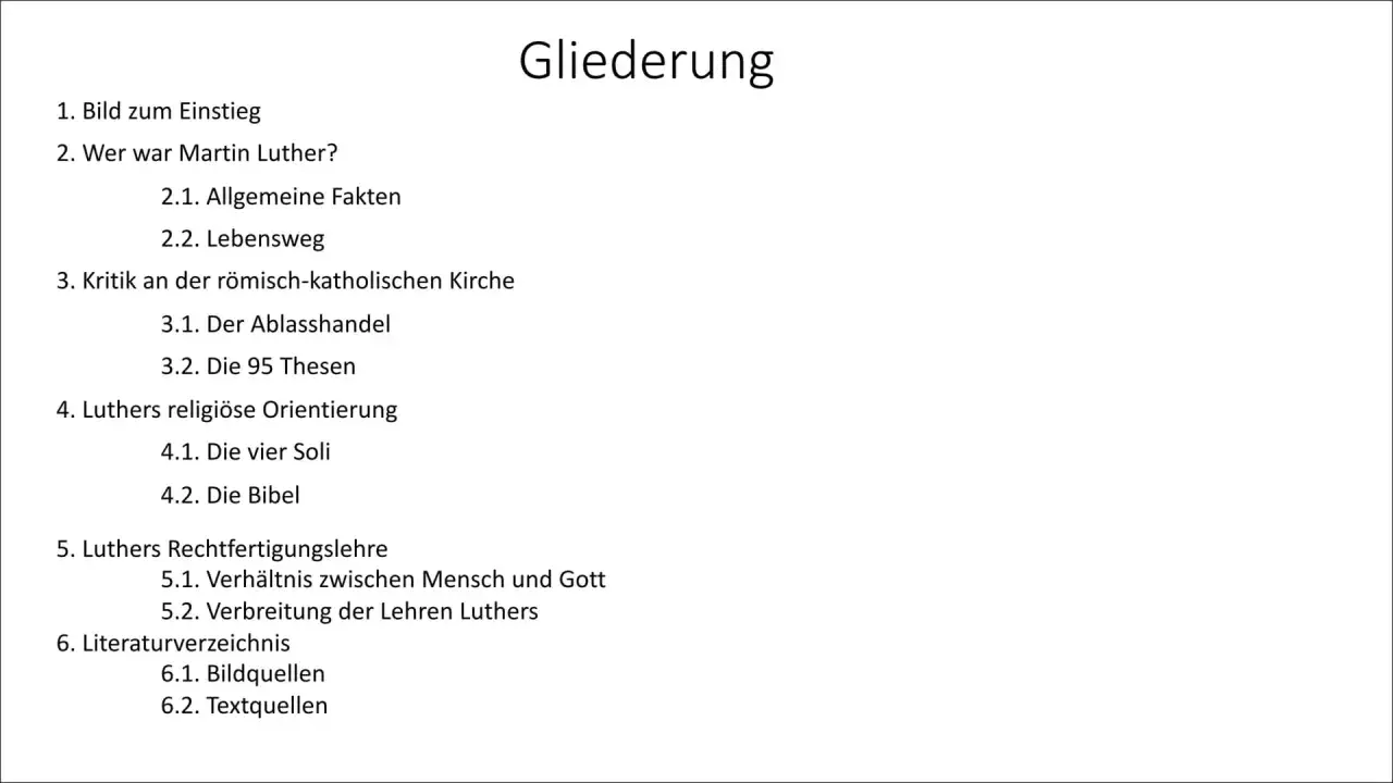 Gliederung zu Martin Luthers Kritik, seinen Lehren und den 5 wichtigsten Thesen, inklusive Ablasshandel und 95 Thesen.