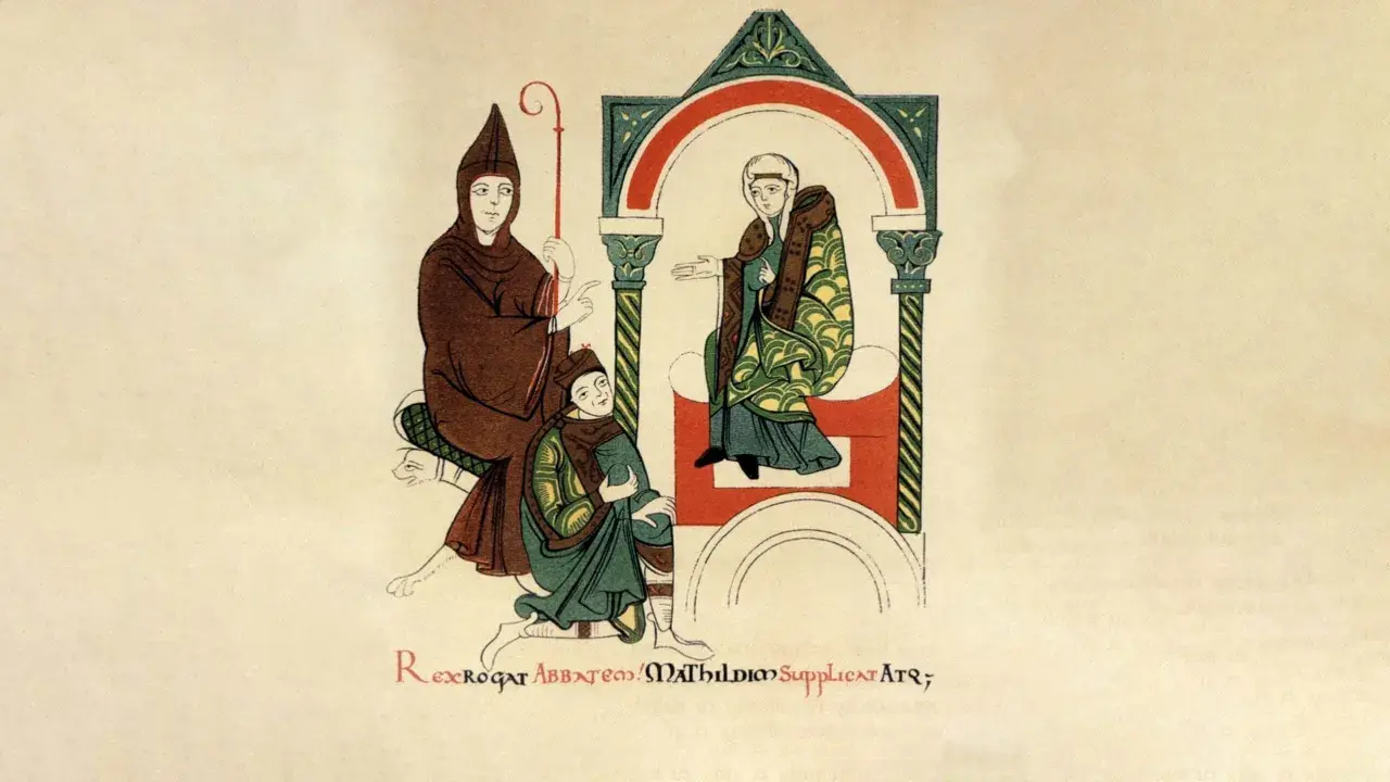 Heinrich IV. bittet die Äbtissin Mathilde um etwas.