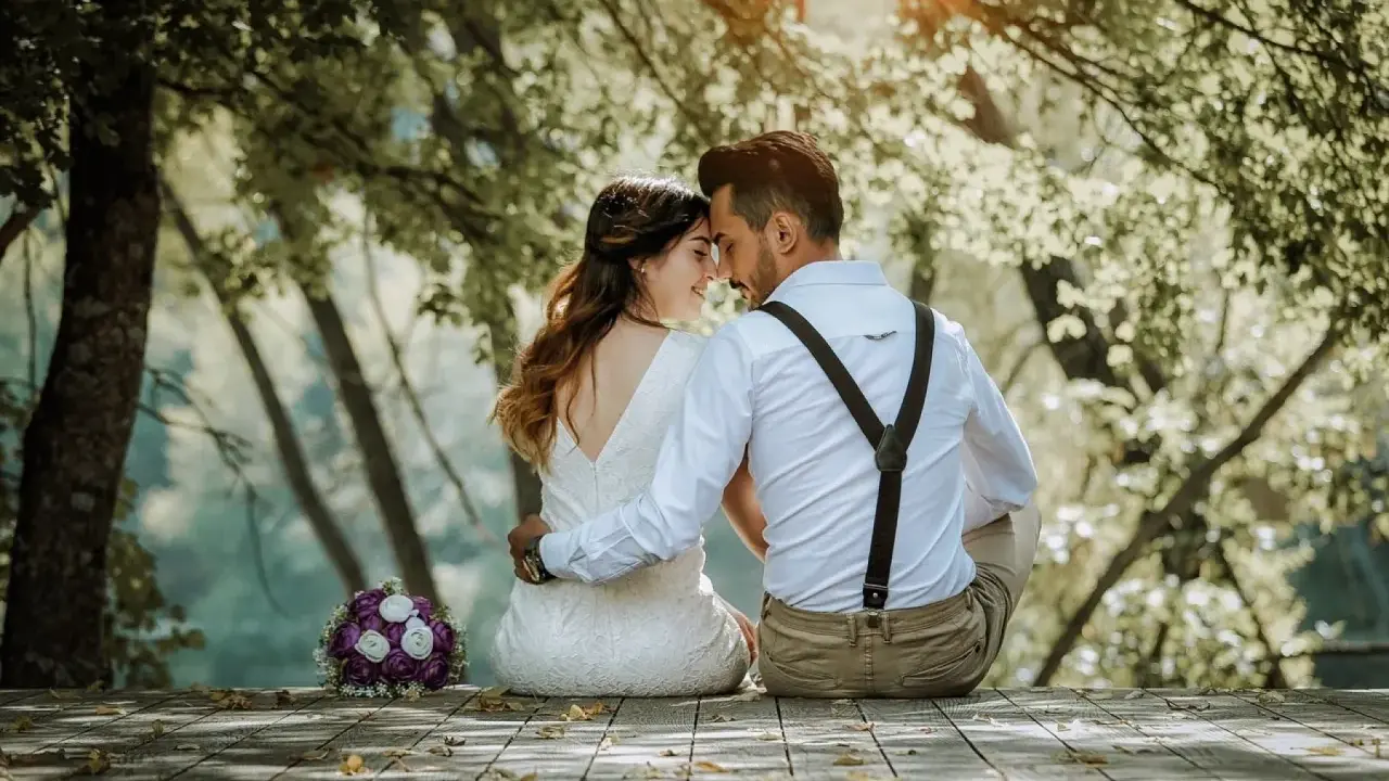 Ein Brautpaar sitzt im Freien, umgeben von Bäumen. Sie halten sich an den Händen und blicken sich liebevoll an. Ein Brautstrauß liegt daneben. Ein Bild, das ihr katholisches Eheversprechen symbolisiert.