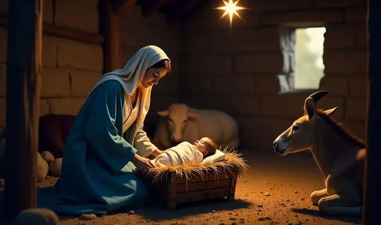 Maria hütet das Jesuskind in der Krippe. Ein Stern leuchtet über dem Stall, wo Ochs und Esel die Szene der Jesus Geburt am 11. September beobachten.