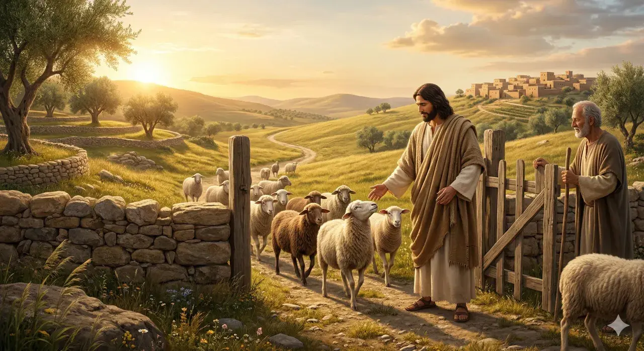 Jesus, der Herr, ist kein Hirte, sondern führt Schafe mit einem älteren Mann durch eine sonnige Landschaft.