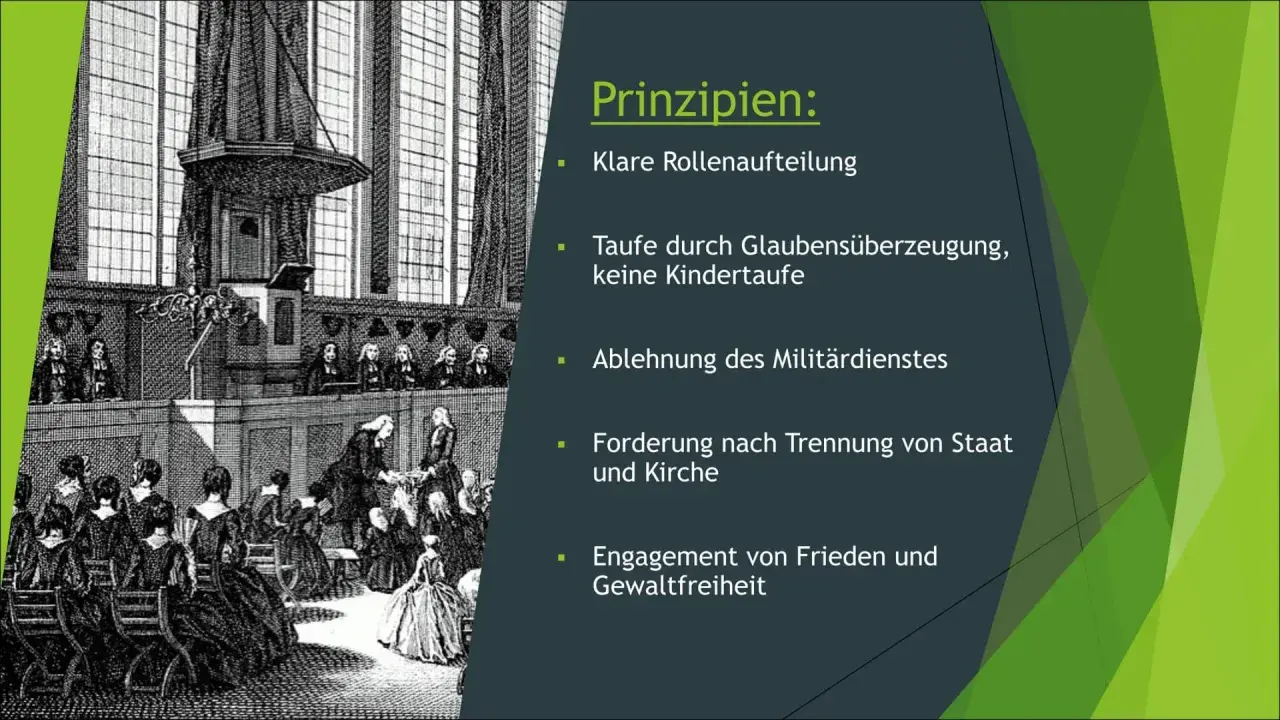 Historische Darstellung einer Kirche mit Predigtstuhl. Erläutert Prinzipien, die zeigen, was sind Mennoniten: Glaubenstaufe, Gewaltfreiheit, Trennung von Staat und Kirche.