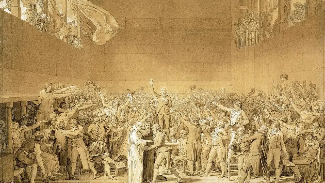 Ein Schwur im Ballhaus von Versailles, Frankreich, 17. Jahrhundert. Eine Menge erhebt die Hände, um einen Eid zu leisten.