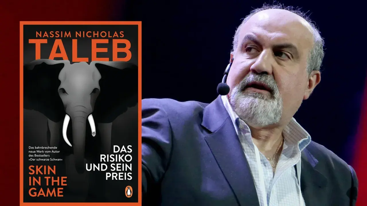 Nassim Nicholas Taleb, Autor von "Skin in the Game", spricht. Sein Buch "Das Risiko und sein Preis" wird auf der linken Seite gezeigt.