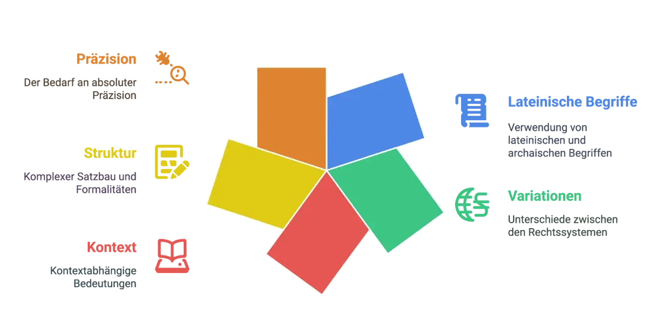 Diagramm zeigt Elemente des lateinischen Rechts: Präzision, Struktur, Kontext, lateinische Begriffe und Variationen.