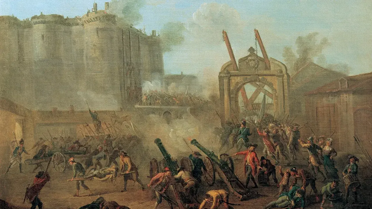 Sturm auf die Bastille, Paris, 17. Jahrhundert. Kanonen feuern, Menschen kämpfen vor der Festung.