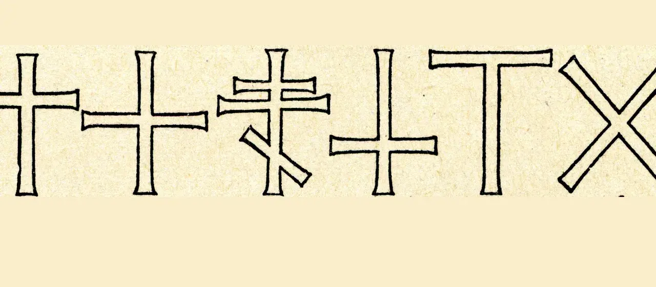 Verschiedene christliche Kreuze, darunter ein orthodoxes Kreuz und ein Tau-Kreuz, sind auf hellem Papier in schwarzer Tinte gezeichnet.