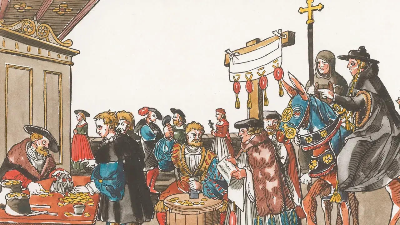 Szene aus dem luther thesen jahr: Geld wird gezählt, während eine Prozession mit Kreuz und Mönchen auf einem Pferd vorbeizieht.