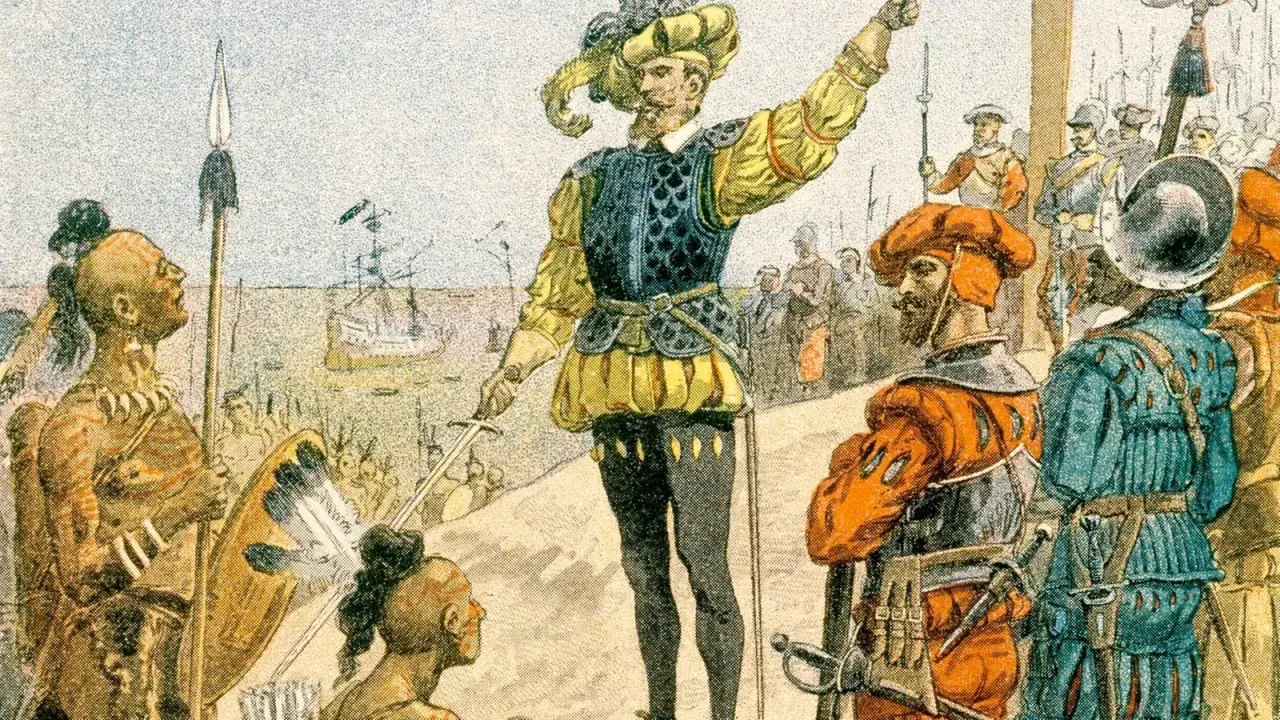 Europäische Entdecker treffen auf Ureinwohner, ein Moment der frühen kanada kolonie. Ein Anführer mit Schwert und Federhut spricht.