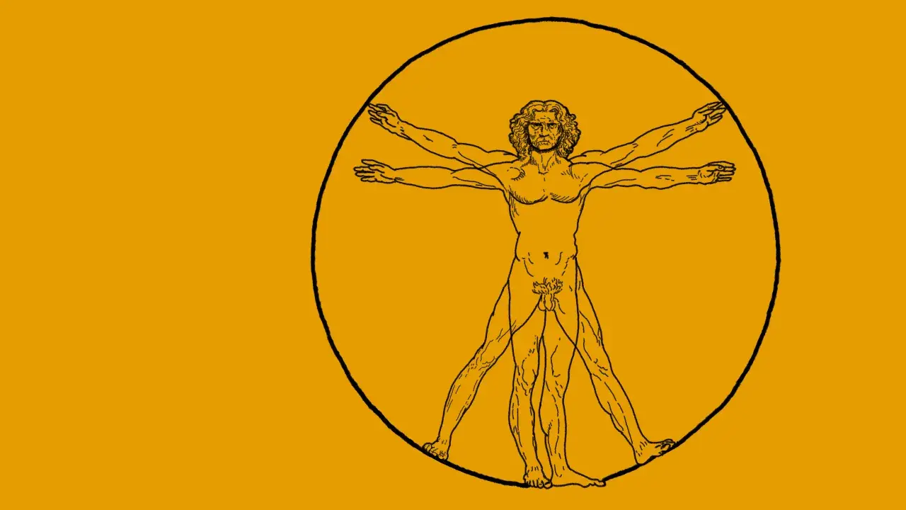 Vitruvianischer Mann als Symbol für das humanistisches menschenbild, perfekt proportioniert in Kreis und Quadrat.