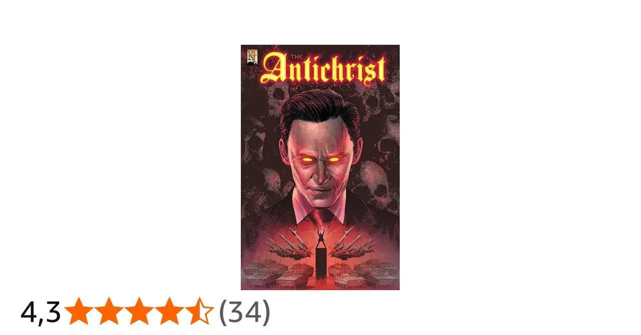 Comic-Cover: Ein Mann mit glühenden Augen, umgeben von Totenköpfen und Panzern. Die Bedeutung des Antichristen wird hier düster dargestellt.