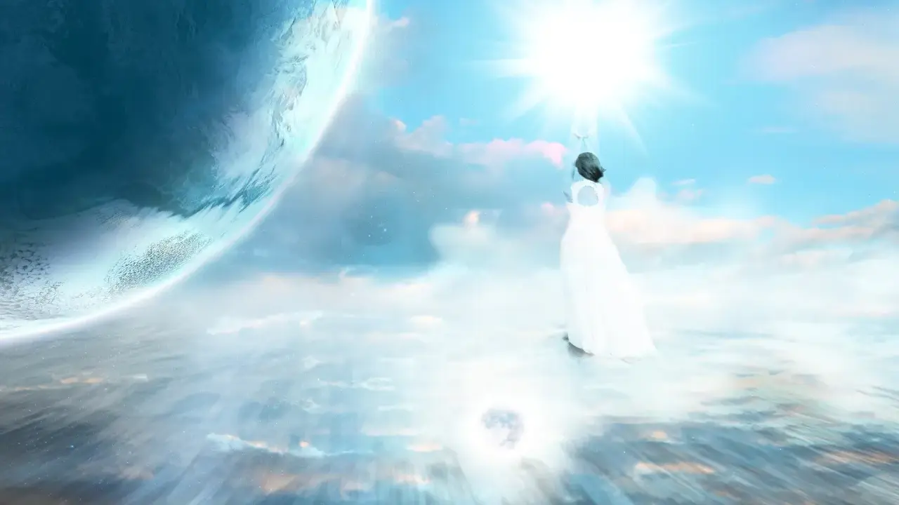 Eine Frau im weißen Kleid streckt die Hände zum Licht. Ein Planet im Hintergrund. Nach dem Tod kommt nichts, nur Leere und Licht.