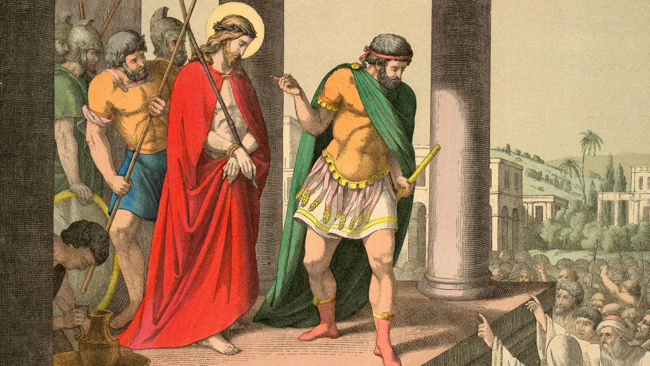 Pontius Pilatus zeigt auf Jesus, der eine Dornenkrone trägt. Soldaten führen ihn ab.