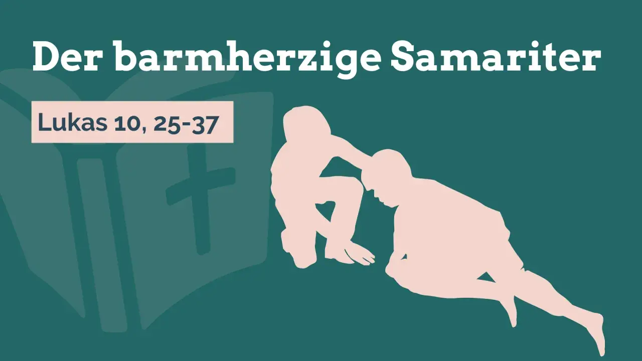 Der barmherzige Samariter hilft einem Verletzten. Eine Bibel und ein Kreuz sind im Hintergrund angedeutet.
