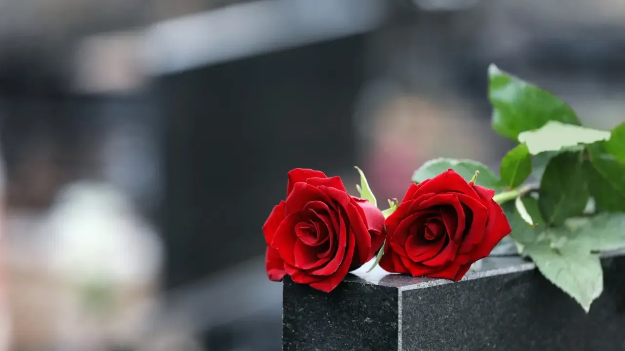 Zwei rote Rosen auf einem Grabstein, ein Symbol der Erinnerung 40 Tage nach dem Tod im katholischen Glauben.