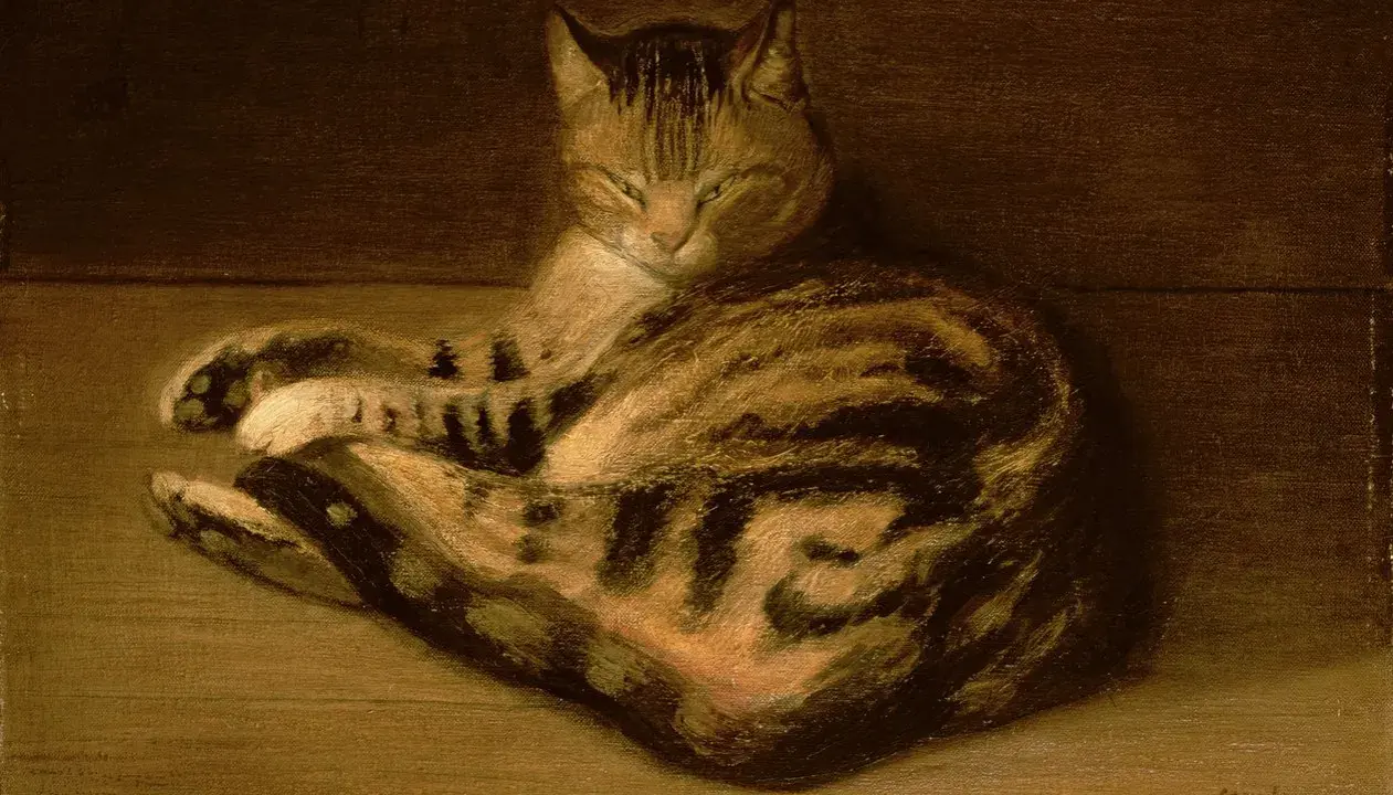 Ein gestreifter Kater ruht sich aus, gemalt von Theophile Steinlen.
