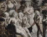 Eine Szene mit vielen Menschen im Stil von de Staël. Damen in eleganten Kleidern und Herren in historischen Kostümen.