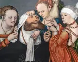 Lucas Cranach malt drei Frauen, die einen Mann mit Bart und weißem Tuch um den Kopf umgeben. Eine hält ein Spinnrad.