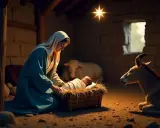 Maria hütet das Jesuskind in der Krippe. Ein Stern leuchtet über dem Stall, wo Ochs und Esel die Szene der Jesus Geburt am 11. September beobachten.