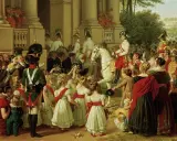Kaiser Franz II. (Frankreich) auf weißem Pferd, umringt von jubelnden Menschen und Soldaten. Kinder reichen Blumen.