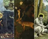 Heiliger Franziskus, der Schutzpatron der Tiere, füttert Vögel. Daneben ein Hirsch vor einem Kreuz und ein Mann mit einem Bären.