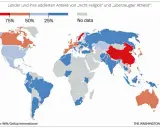 Weltkarte zeigt, wie viele atheisten gibt es in deutschland und anderen Ländern. Rot bedeutet über 75%, Blau unter 25%.