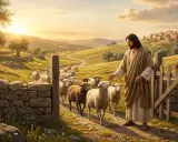 Jesus, der Herr, ist kein Hirte, sondern führt Schafe mit einem älteren Mann durch eine sonnige Landschaft.