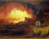 Feuerregen und Blitze vernichten Sodom und Gomorrha. Zwei Gestalten blicken auf die Zerstörung, während eine einsame Figur flieht.