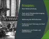Historische Darstellung einer Kirche mit Predigtstuhl. Erläutert Prinzipien, die zeigen, was sind Mennoniten: Glaubenstaufe, Gewaltfreiheit, Trennung von Staat und Kirche.