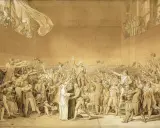 Ein Schwur im Ballhaus von Versailles, Frankreich, 17. Jahrhundert. Eine Menge erhebt die Hände, um einen Eid zu leisten.