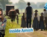 Eine Frau blickt in die Kamera, während im Hintergrund eine Amish-Familie mit Pferdekutsche auf einem Feldweg geht.
