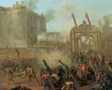 Sturm auf die Bastille, Paris, 17. Jahrhundert. Kanonen feuern, Menschen kämpfen vor der Festung.