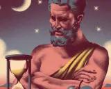 Der Gott Kairos, Sinnbild des rechten Augenblicks, blickt nachdenklich auf eine Sanduhr unter Sternenhimmel.