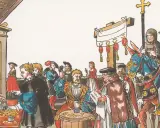 Szene aus dem luther thesen jahr: Geld wird gezählt, während eine Prozession mit Kreuz und Mönchen auf einem Pferd vorbeizieht.