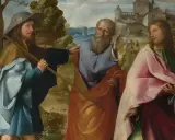 Pilger auf dem Weg nach Emmaus. Ein junger Mann mit Pilgerhut und Stab spricht mit einem älteren Mann, während ein dritter Mann in bunten Gewändern zuhört. Dies könnte die Szene sein, was passierte am Ostermontag.