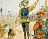 Europäische Entdecker treffen auf Ureinwohner, ein Moment der frühen kanada kolonie. Ein Anführer mit Schwert und Federhut spricht.
