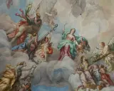 Deckenmalerei mit vielen geflügelten Wesen, die wie engel echt wirken, umgeben von Wolken und himmlischen Lichtern.