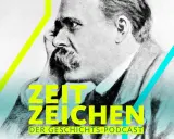 Ein Mann mit Schnurrbart, der über den ewigen Kreis nachdenkt, im Stil eines historischen Podcasts.