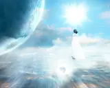 Eine Frau im weißen Kleid streckt die Hände zum Licht. Ein Planet im Hintergrund. Nach dem Tod kommt nichts, nur Leere und Licht.