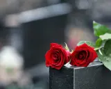Zwei rote Rosen auf einem Grabstein, ein Symbol der Erinnerung 40 Tage nach dem Tod im katholischen Glauben.