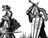 Zwei Ritter in voller Rüstung mit Federschmuck auf den Helmen und Schwertern in den Händen. Ein Kampf, der zeigt, wie wurde man ritter.