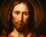 Porträt von Jesus von Nazareth mit Heiligenschein und rotem Gewand. Sein Blick ist nachdenklich und sanft.