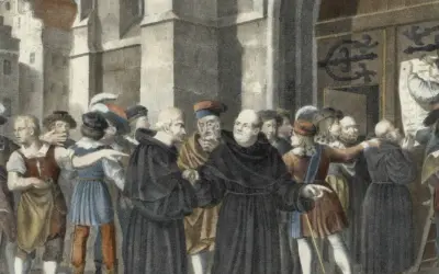 Martin Luther, in Mönchskutte, wird von einer Menge umringt, während ein Mann seine Thesen an eine Tür nagelt.