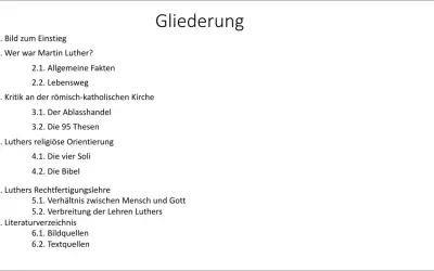 Gliederung zu Martin Luthers Kritik, seinen Lehren und den 5 wichtigsten Thesen, inklusive Ablasshandel und 95 Thesen.