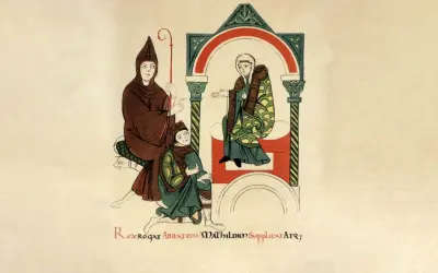 Heinrich IV. bittet die Äbtissin Mathilde um etwas.