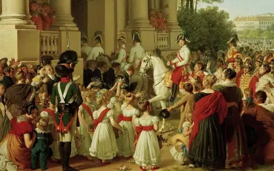Kaiser Franz II. (Frankreich) auf weißem Pferd, umringt von jubelnden Menschen und Soldaten. Kinder reichen Blumen.