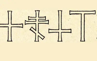 Verschiedene christliche Kreuze, darunter ein orthodoxes Kreuz und ein Tau-Kreuz, sind auf hellem Papier in schwarzer Tinte gezeichnet.