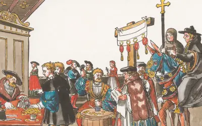 Szene aus dem luther thesen jahr: Geld wird gezählt, während eine Prozession mit Kreuz und Mönchen auf einem Pferd vorbeizieht.