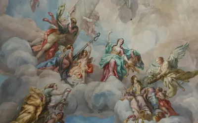 Deckenmalerei mit vielen geflügelten Wesen, die wie engel echt wirken, umgeben von Wolken und himmlischen Lichtern.